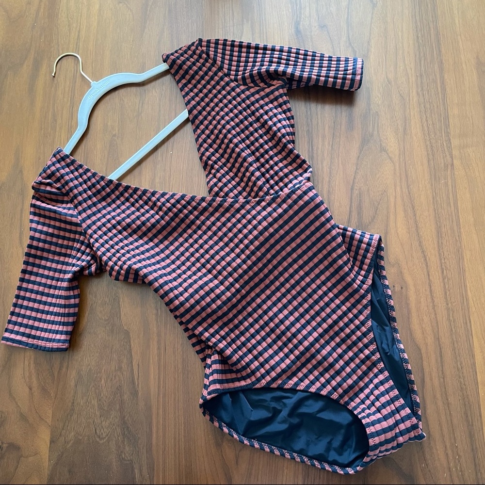 SOLID & STRIPED Alison Wrap-Effect Ribbed Striped Black & Brown Swimsuit